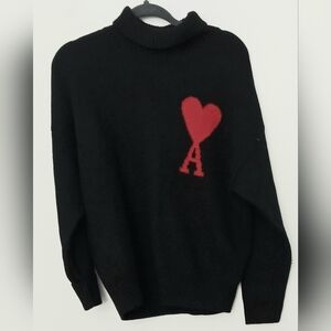 Ami Paris Black Wool De Coeur Sweater Women's Size M Red Heart Design Pre-owned